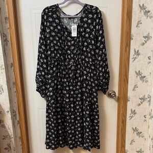 Torrid Midi Swiss Dot Pleated Long Sleeve Rose Black Floral Dress